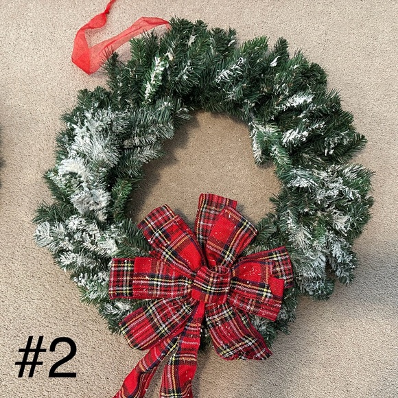 Holiday Christmas Snow Flocked Wreath With Tartan Red Plaid Bow - Picture 10 of 16